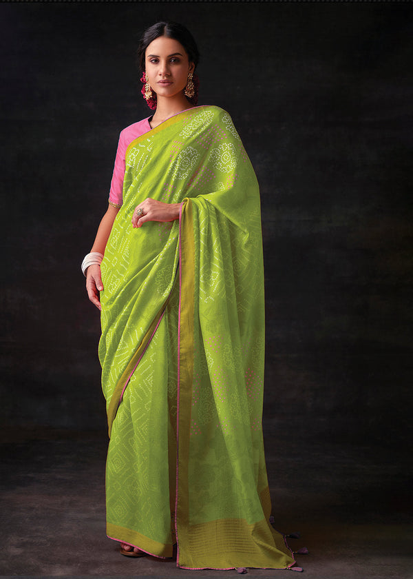 Earls Green Bandhani Print Soft Silk Saree