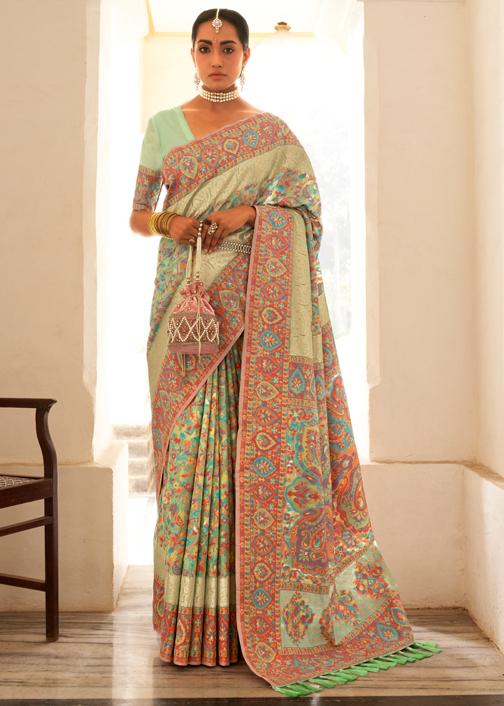 Buy MySilkLove Olive Green Woven Banarasi Jamewar Kashmiri Silk Saree Online