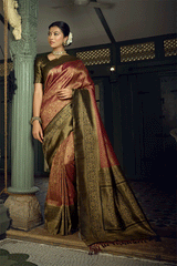 Crown Of Thorns Brown and Green Zari Woven Kanjivaram Saree