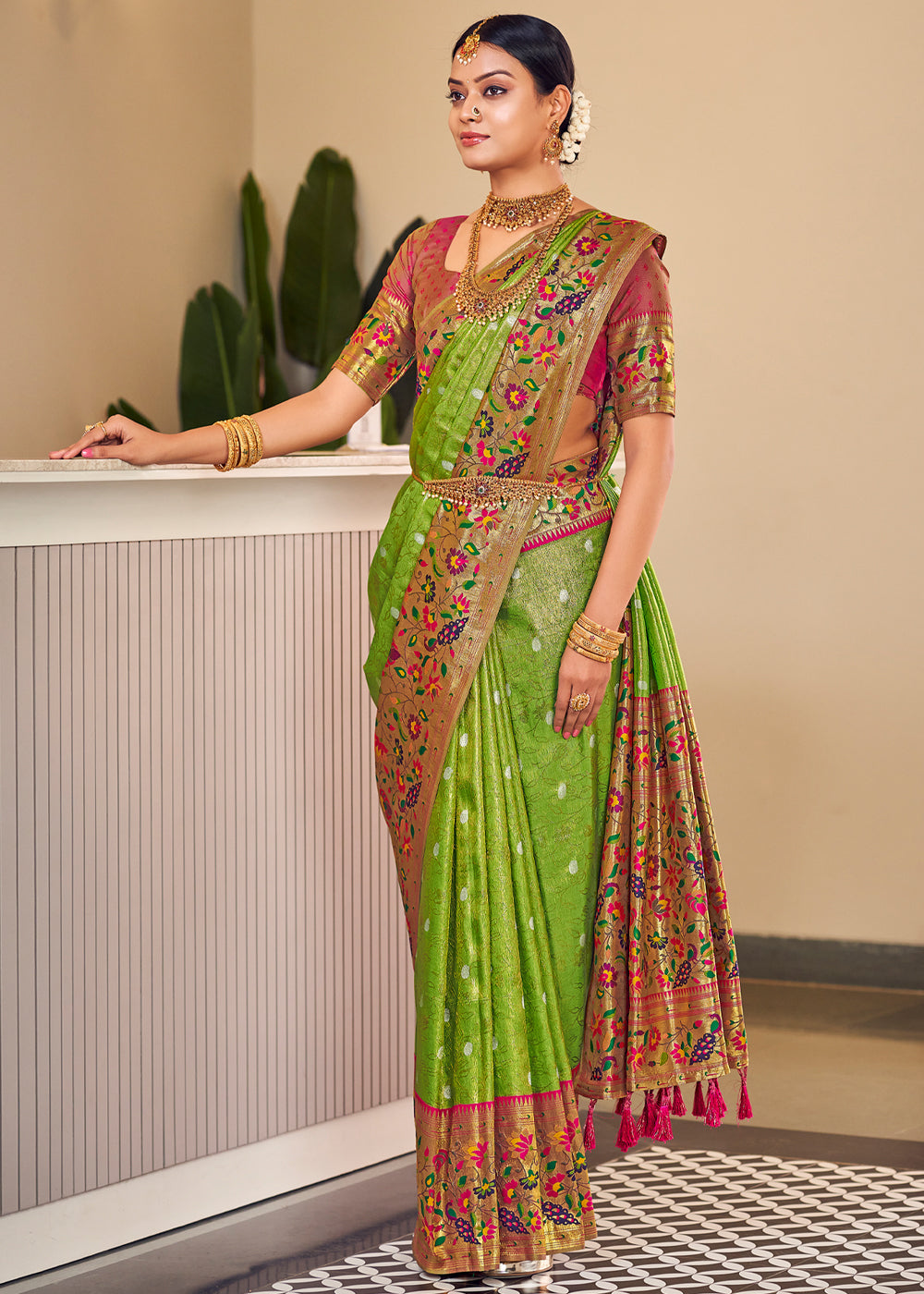 Buy MySilkLove Citron Green Woven Paithani Silk Saree Online