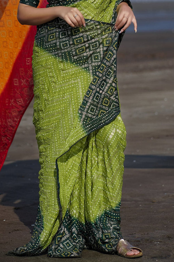 Buy MySilkLove Sushi Green and Blue Bandhani Saree Online