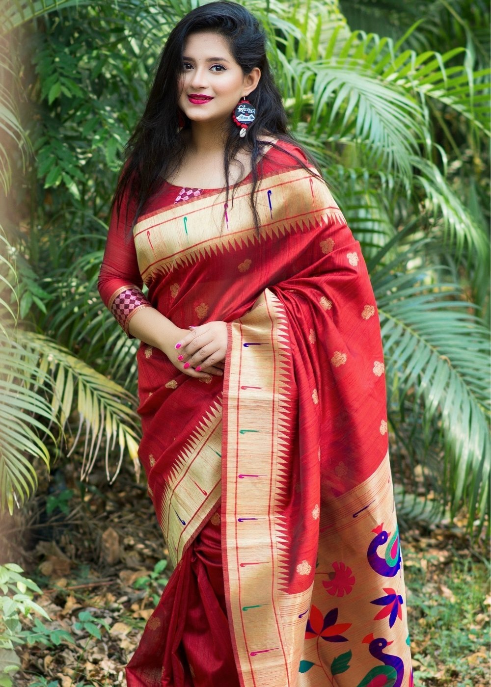 Cinnabar Red Paithani Tussar Silk Saree – MySilkLove