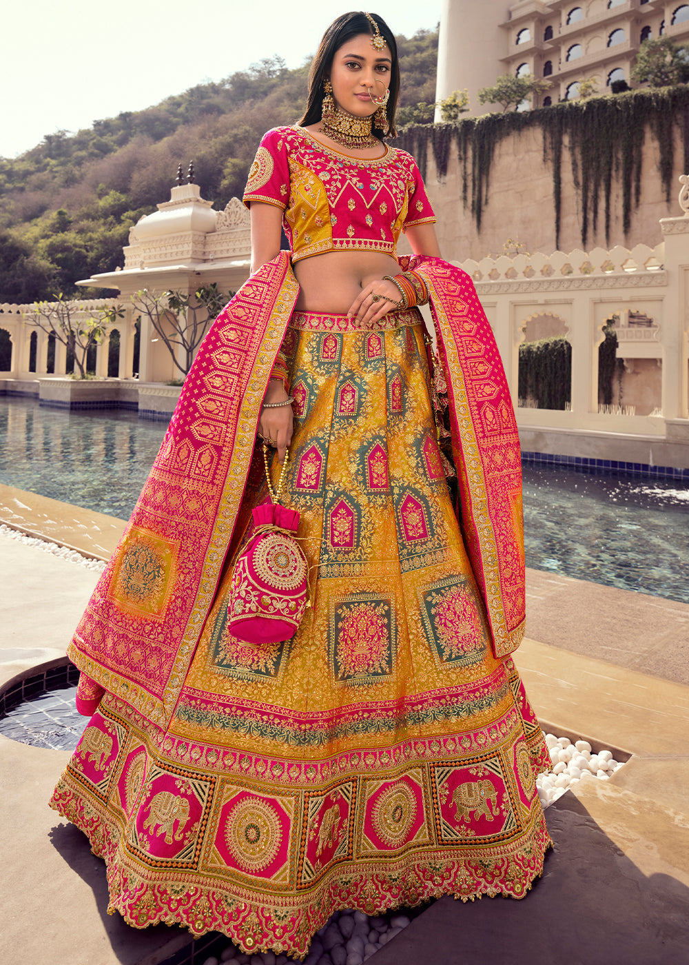 Buy MySilkLove Ronchi Yellow and Pink Banarasi Silk Lehenga Choli Online