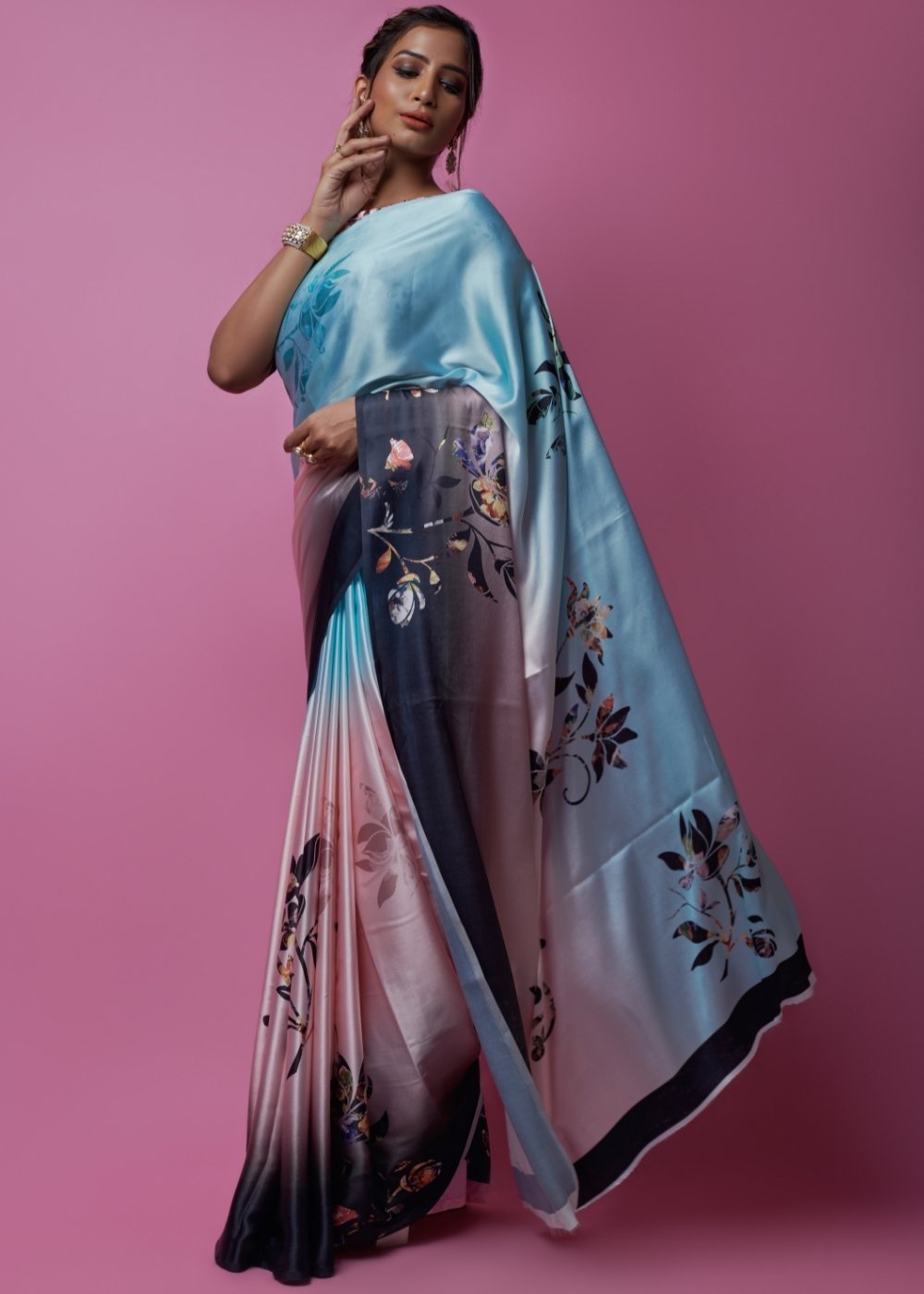Buy MySilkLove Heather Blue and pink Printed Satin Silk Saree Online