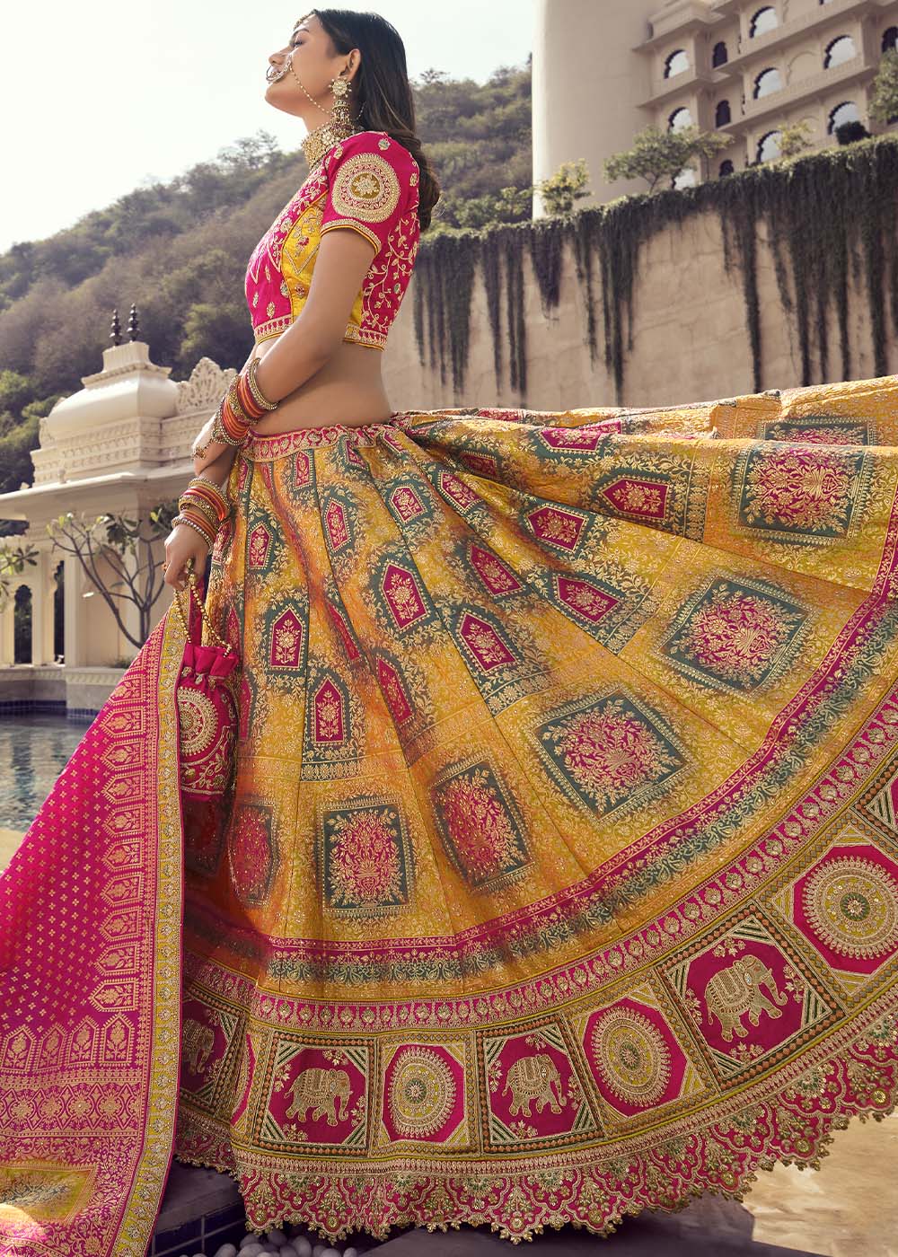 MySilkLove Ronchi Yellow and Pink Banarasi Silk Lehenga Choli