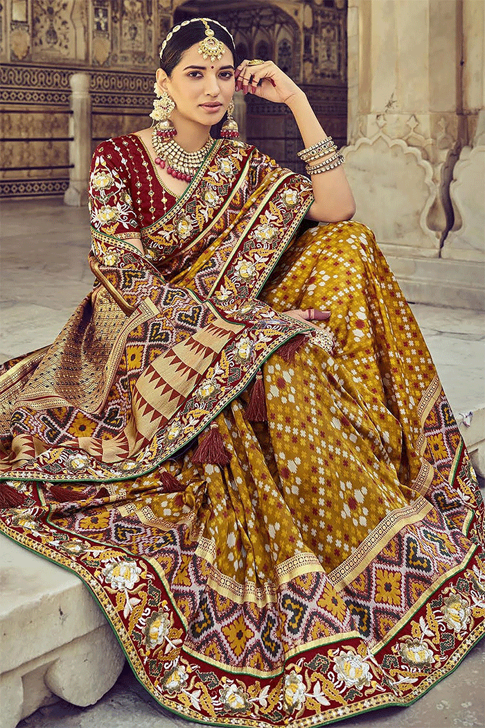 Buy MySilkLove Marigold Yellow and Brown Zari Woven Bandhej Patola Saree With Designer Blouse Online