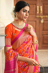 Coral Orange and Pink Patola Silk Saree