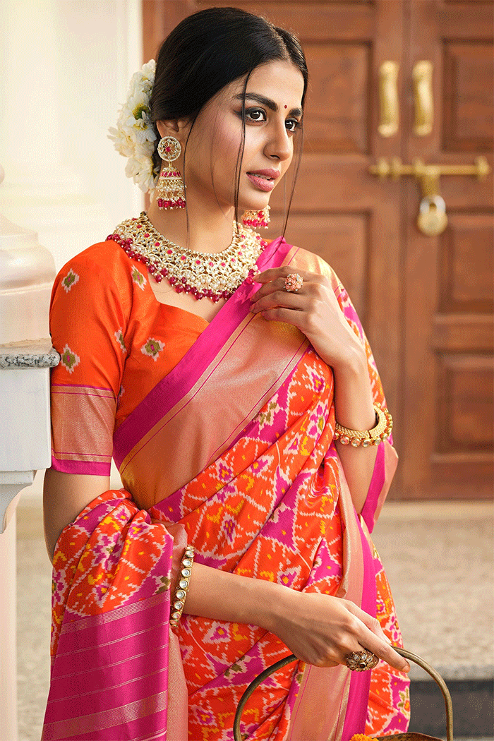 Coral Orange and Pink Patola Silk Saree