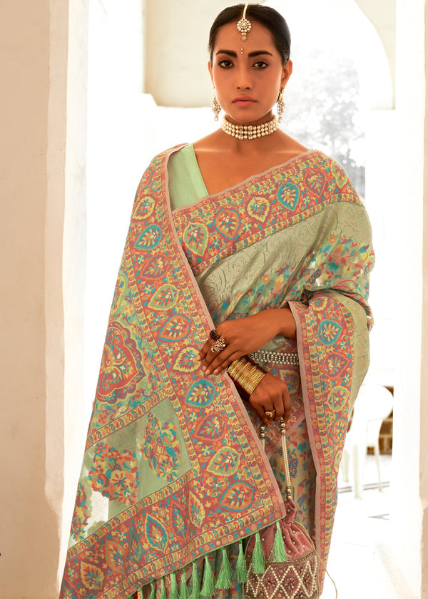 Olive Green Woven Banarasi Jamewar Kashmiri Silk Saree