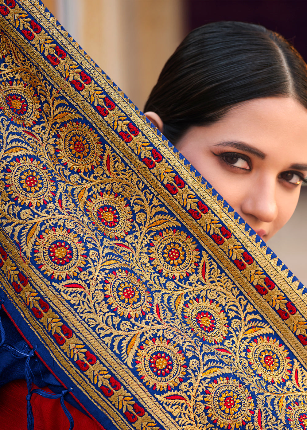 Buy MySilkLove Deep Cove Blue Woven Banarasi Saree with Embroidery Work Online
