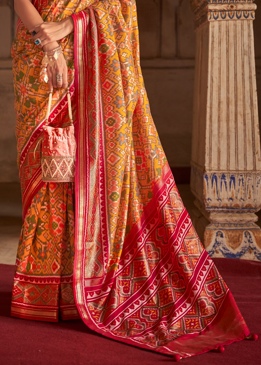 Buy MySilkLove Ochre Yellow and Pink Patola Silk Saree Online