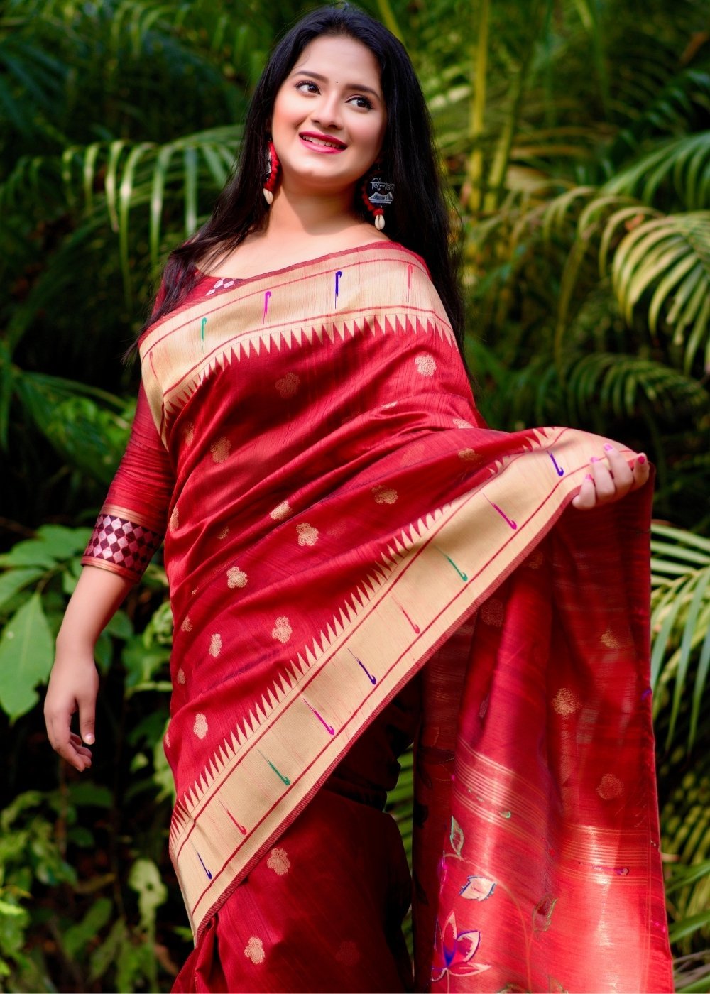 Cinnabar Red Paithani Tussar Silk Saree