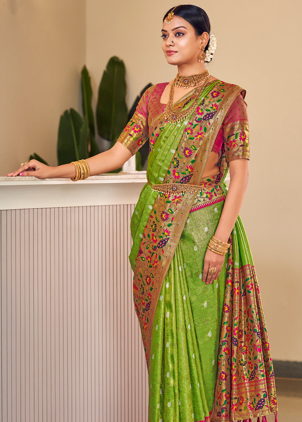 Buy MySilkLove Citron Green Woven Paithani Silk Saree Online