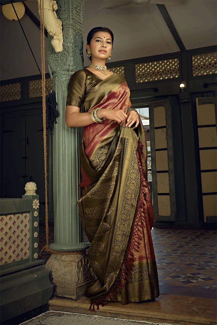 Buy MySilkLove Crown Of Thorns Brown and Green Zari Woven Kanjivaram Saree Online