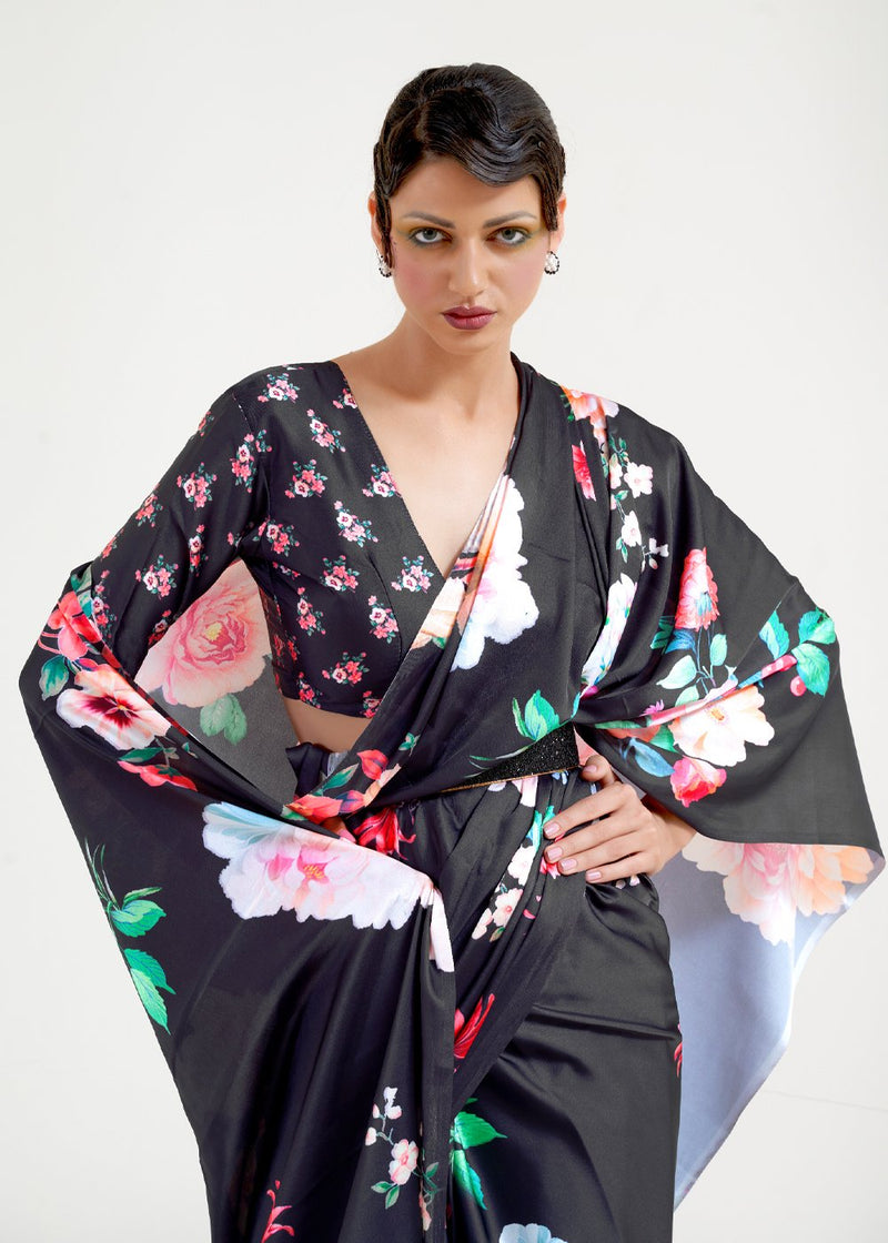 Ship Gray Printed Satin Silk Saree