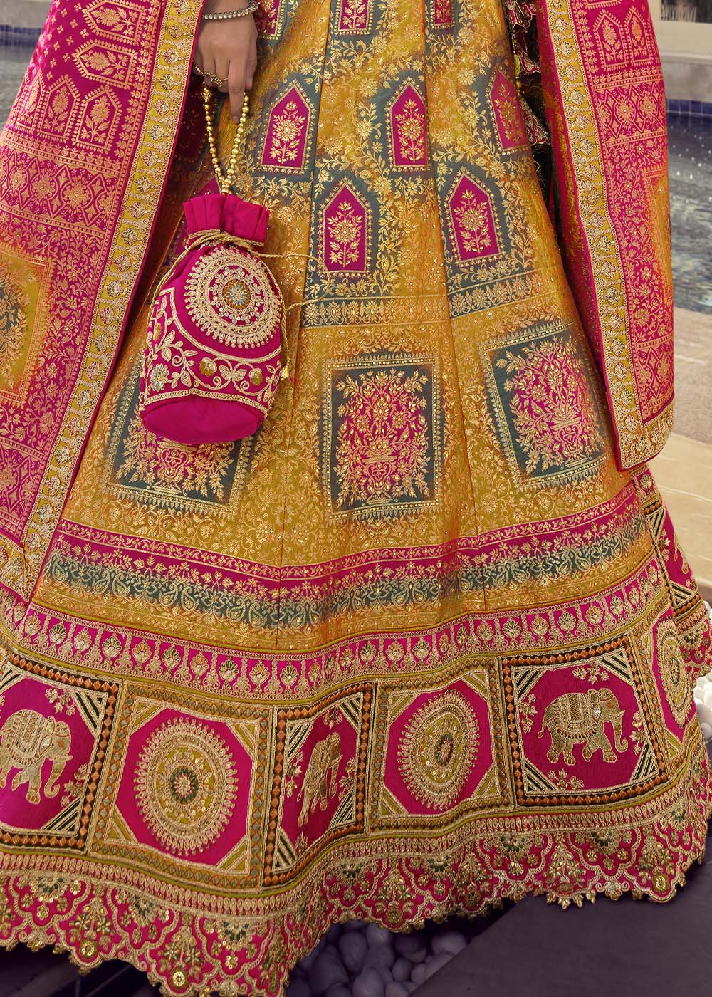 Buy MySilkLove Ronchi Yellow and Pink Banarasi Silk Lehenga Choli Online