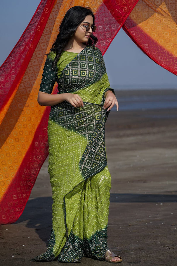Sushi Green and Blue Bandhani Saree