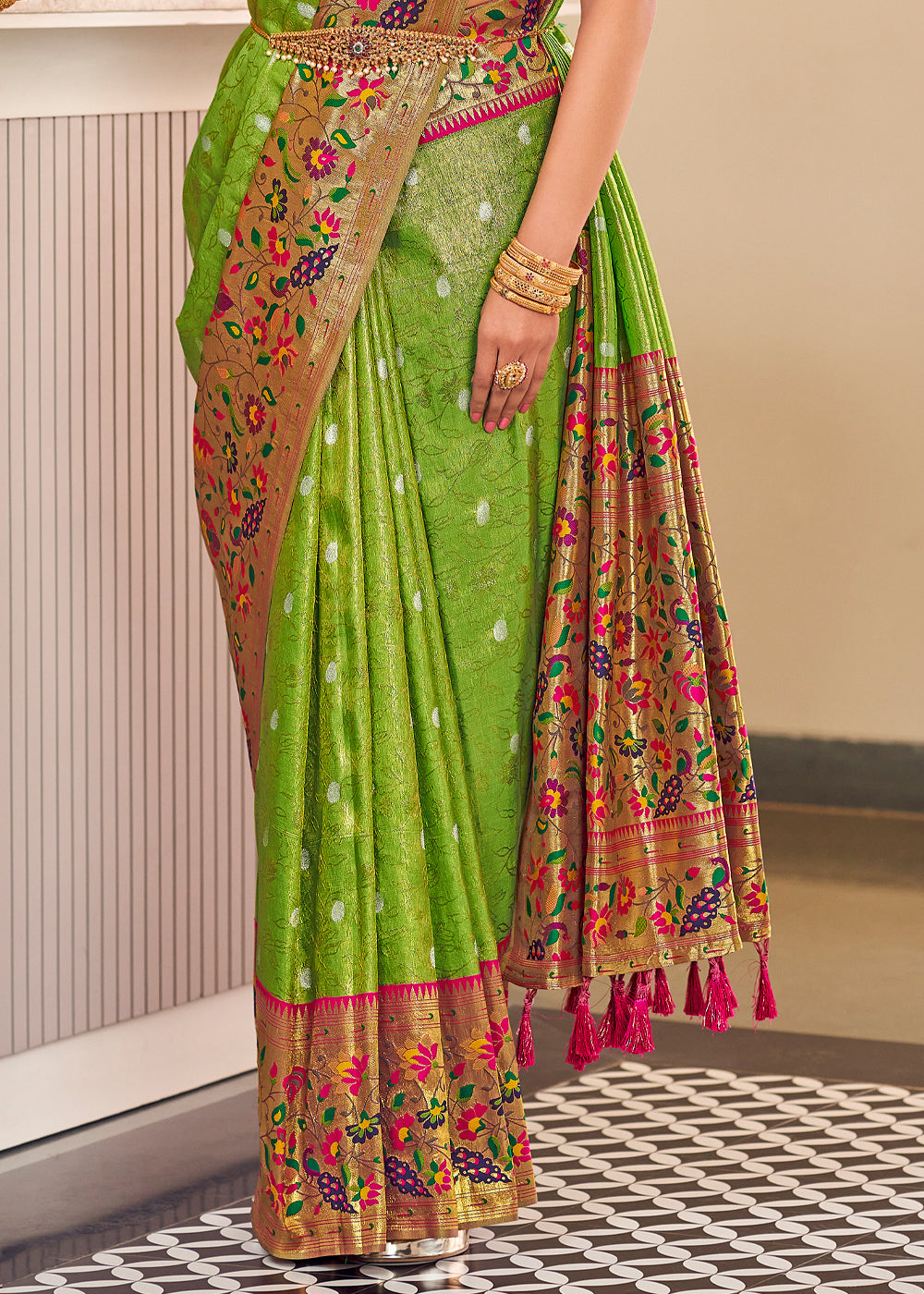 Buy MySilkLove Citron Green Woven Paithani Silk Saree Online