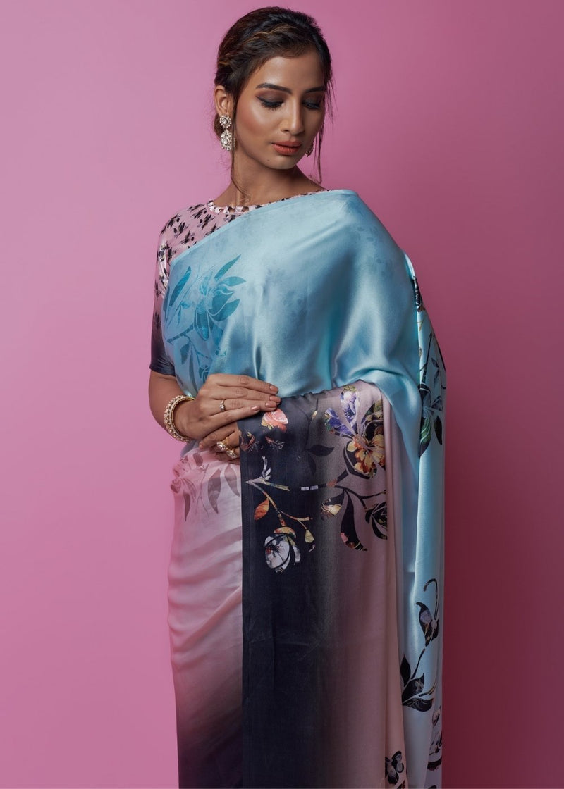 Heather Blue and pink Printed Satin Silk Saree