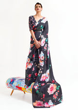Ship Gray Printed Satin Silk Saree