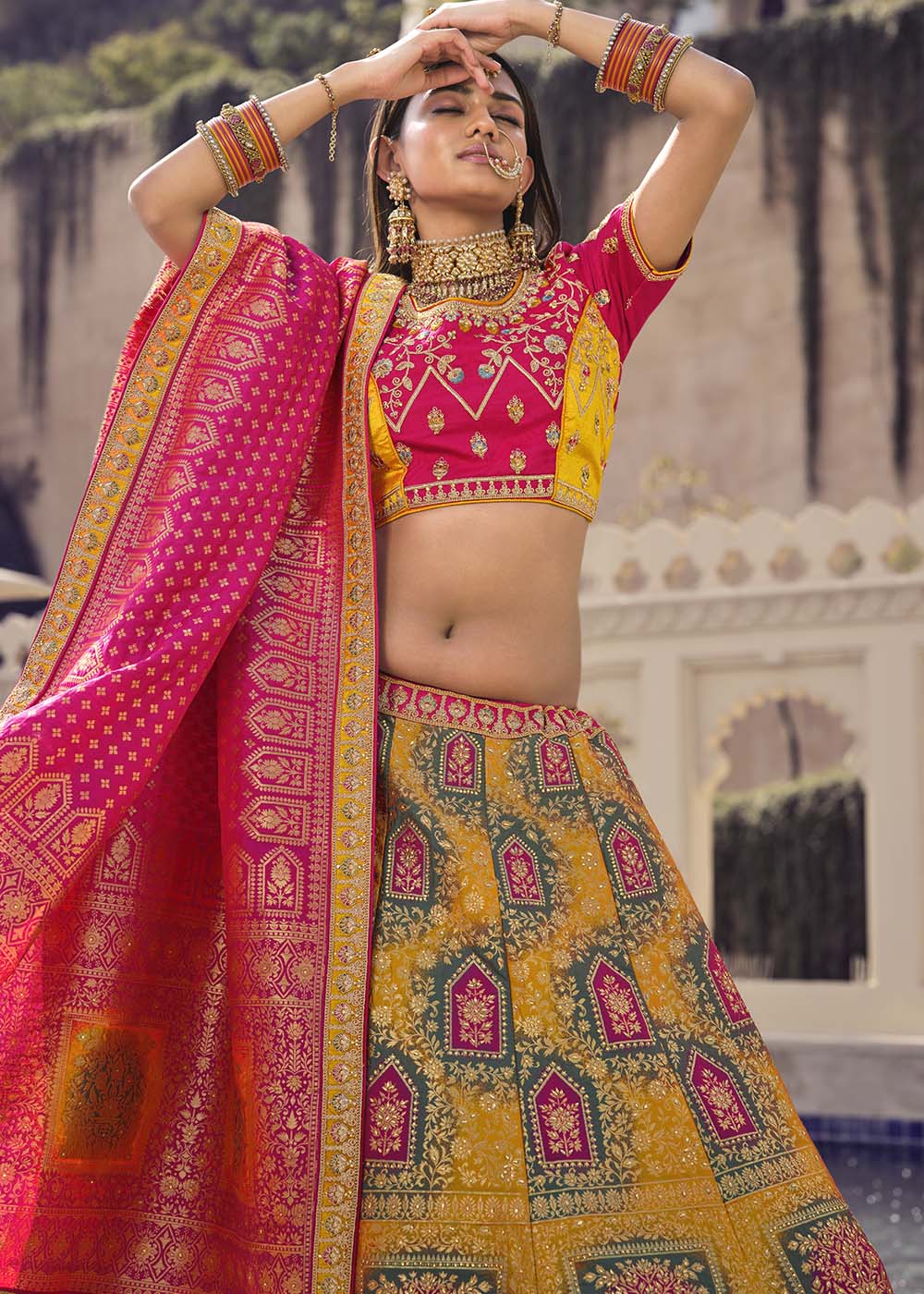 Buy MySilkLove Ronchi Yellow and Pink Banarasi Silk Lehenga Choli Online