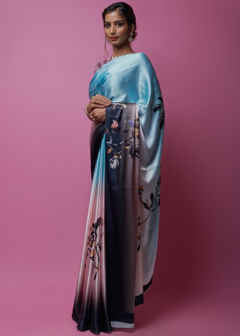Heather Blue and pink Printed Satin Silk Saree