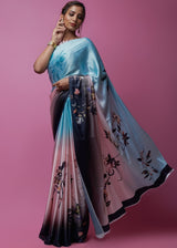 Heather Blue and pink Printed Satin Silk Saree