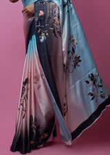 Heather Blue and pink Printed Satin Silk Saree