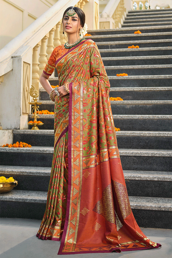 Buy MySilkLove Barley Corn Green and Orange Patola Silk Saree Online