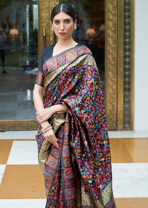 Midnight Black Kashmiri Jamawar Banarasi silk Saree