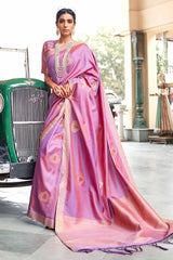 Rose Bud Pink Zari Woven Chanderi Banarasi Saree