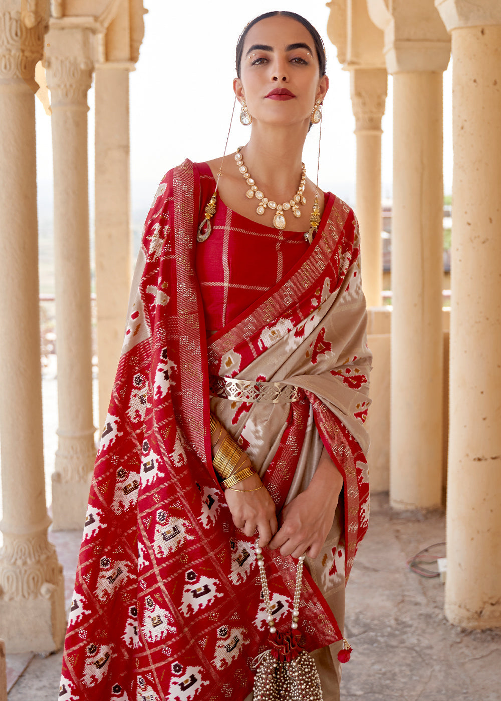 MySilkLove Grain Brown and Red Printed Patola Silk Saree