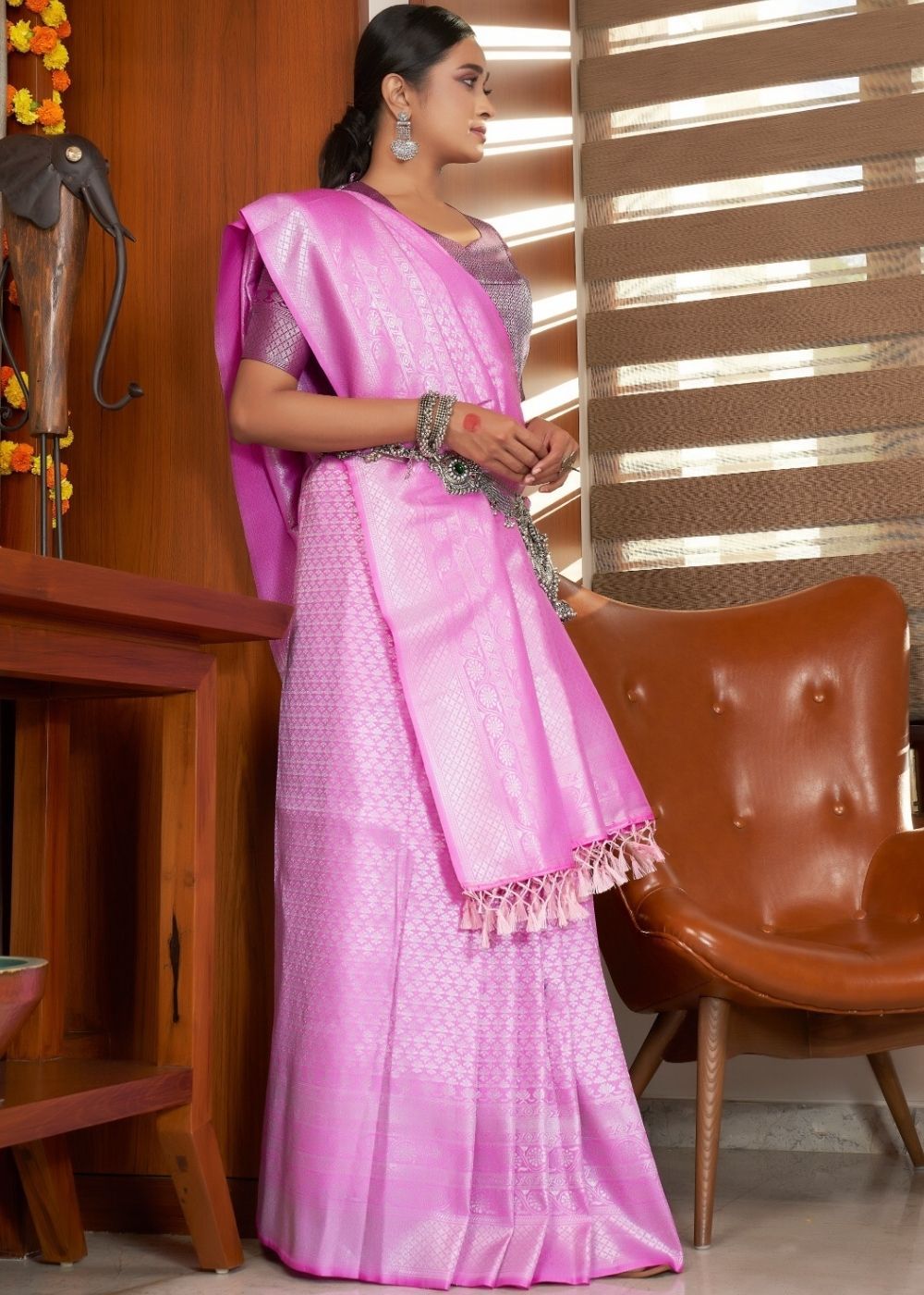 MySilkLove Elegant Pink Zari Woven Kanjivaram Silk Saree
