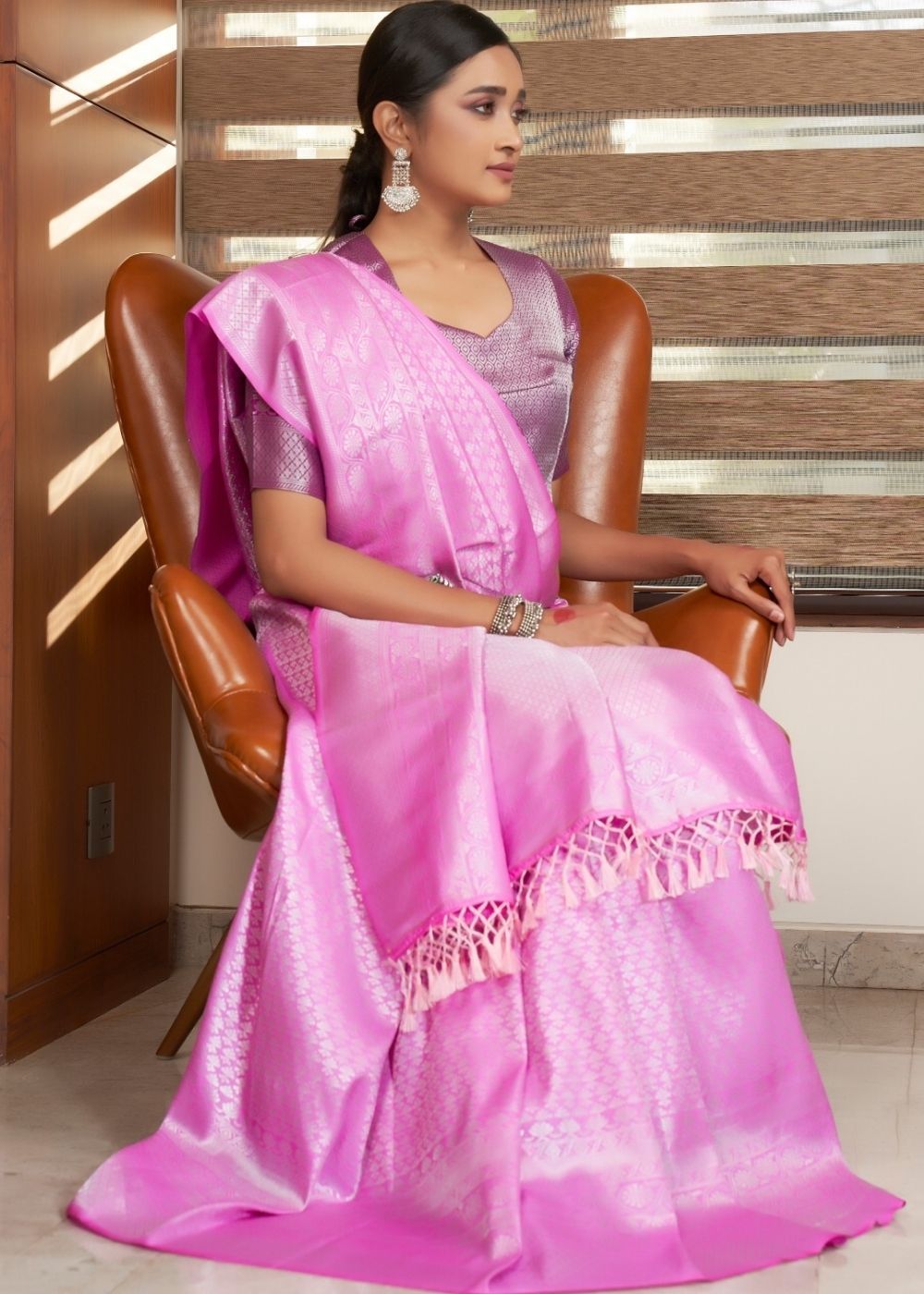 Buy MySilkLove Elegant Pink Zari Woven Kanjivaram Silk Saree Online
