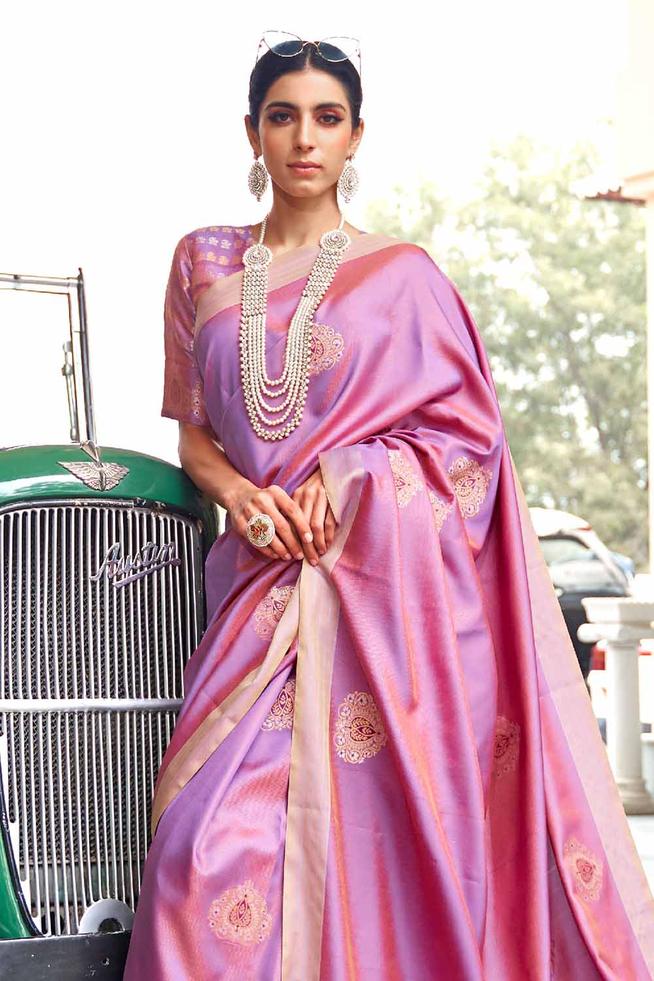 Buy MySilkLove Rose Bud Pink Zari Woven Chanderi Banarasi Saree Online
