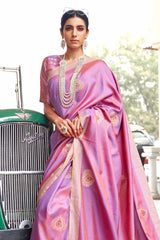 Rose Bud Pink Zari Woven Chanderi Banarasi Saree