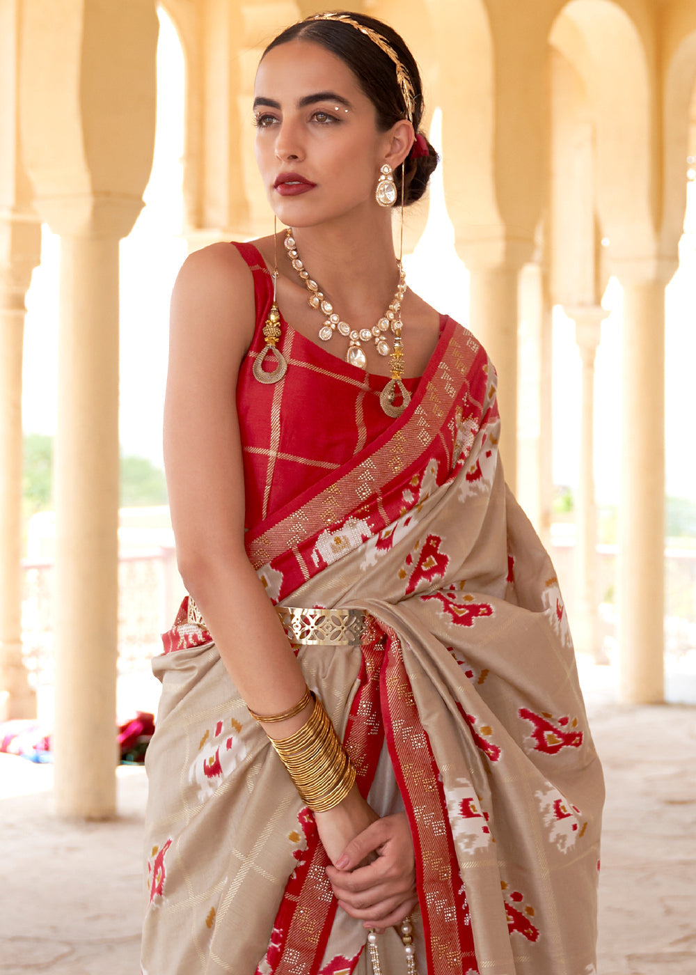 Buy MySilkLove Grain Brown and Red Printed Patola Silk Saree Online