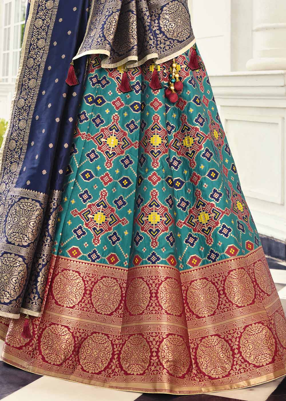 Buy MySilkLove Downy Green and Blue Banarasi Silk Lehenga Choli Online