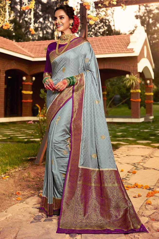 Buy MySilkLove Edward Grey Zari Woven Kanjivaram Saree Online