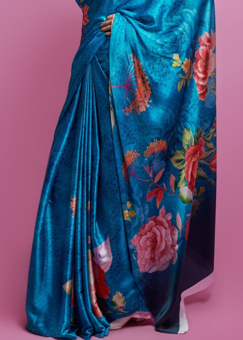 Venice Blue Satin Silk Saree