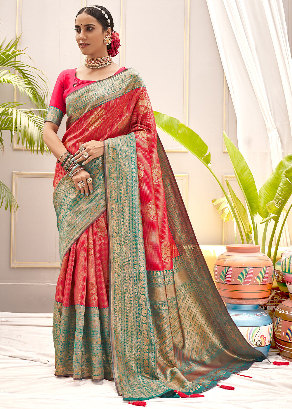 Buy MySilkLove Vivid Red and Blue Zari Woven Banarasi Saree Online