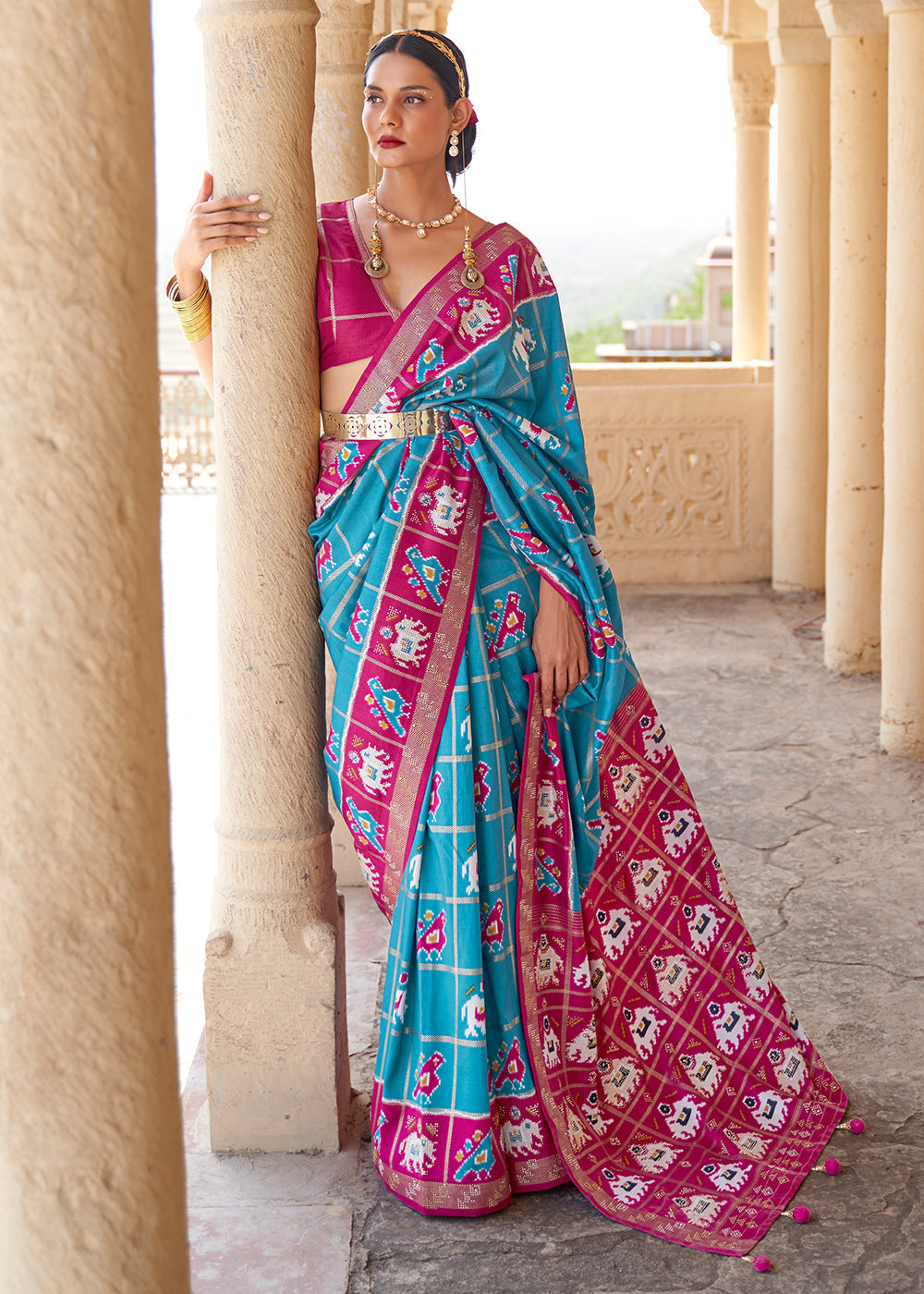 Buy MySilkLove Blue Chill and Pink Printed Patola Silk Saree Online