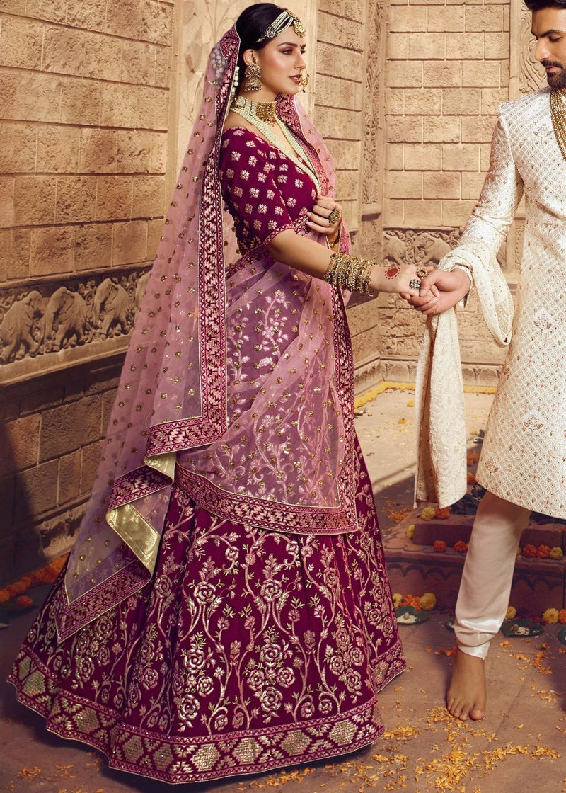 Wine Purple Color Wedding Wear Heavy Bridal Malai Satin Embroidery Lehenga  Choli - Zakarto