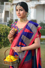 Fiery Rose Pink and Blue Patola Silk Saree