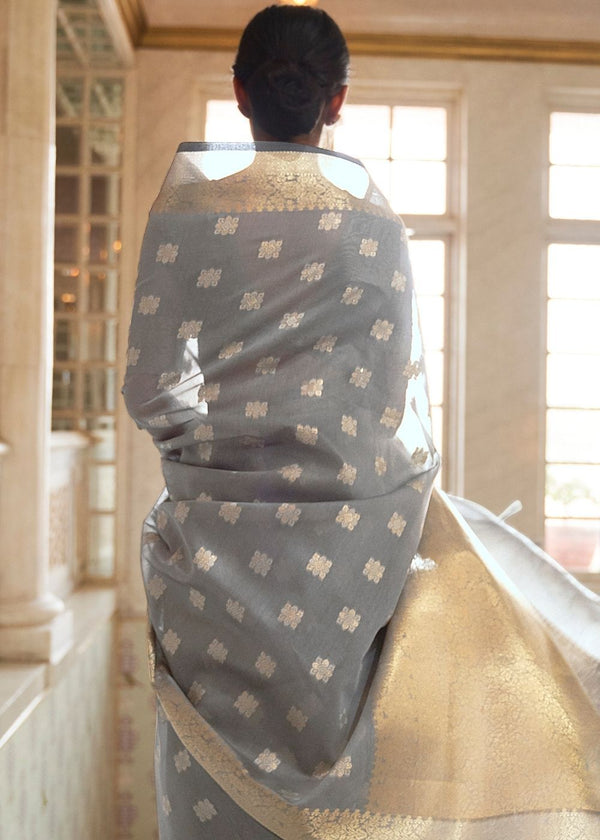 Schooner Grey Zari Woven Linen Saree
