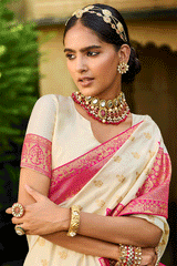Tequila White and Pink Zari Woven Banarasi Saree