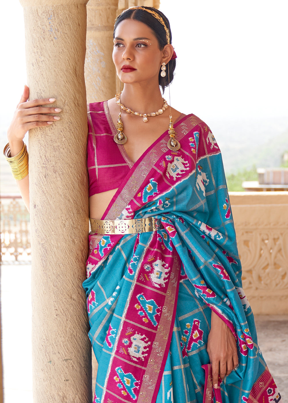 Buy MySilkLove Blue Chill and Pink Printed Patola Silk Saree Online