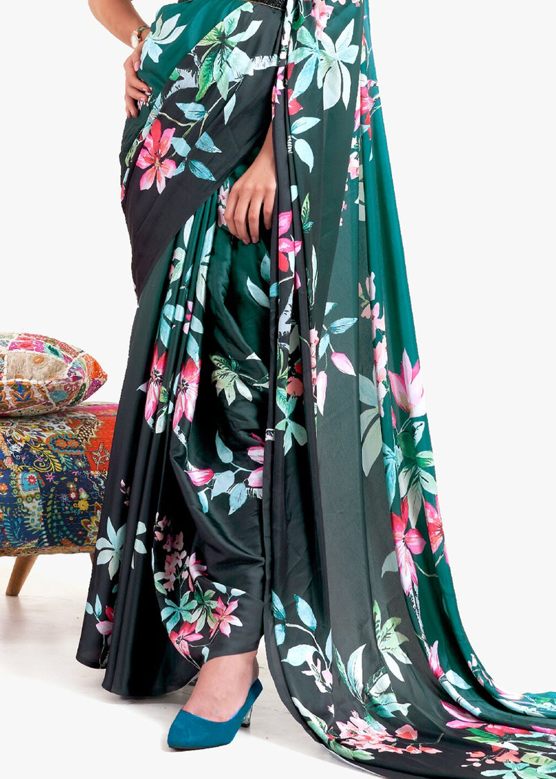 Green Pea Printed Satin Silk Saree