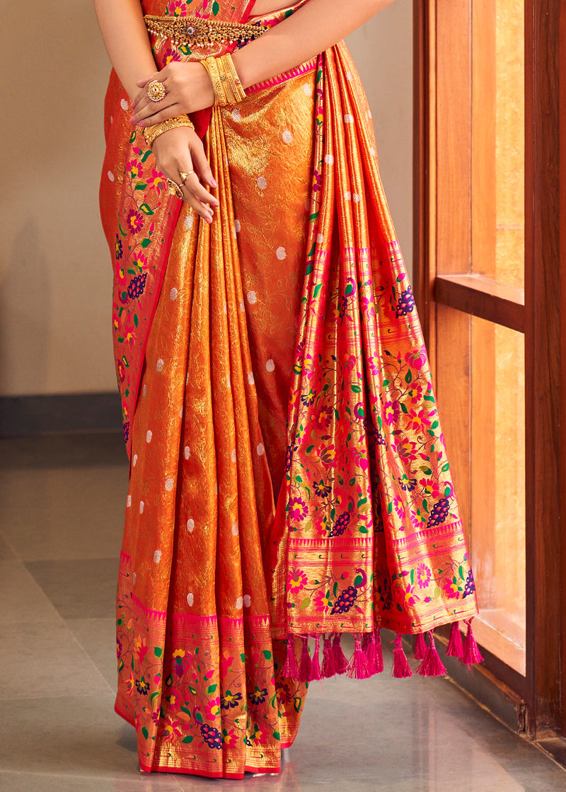 Ochre Orange Woven Paithani Silk Saree