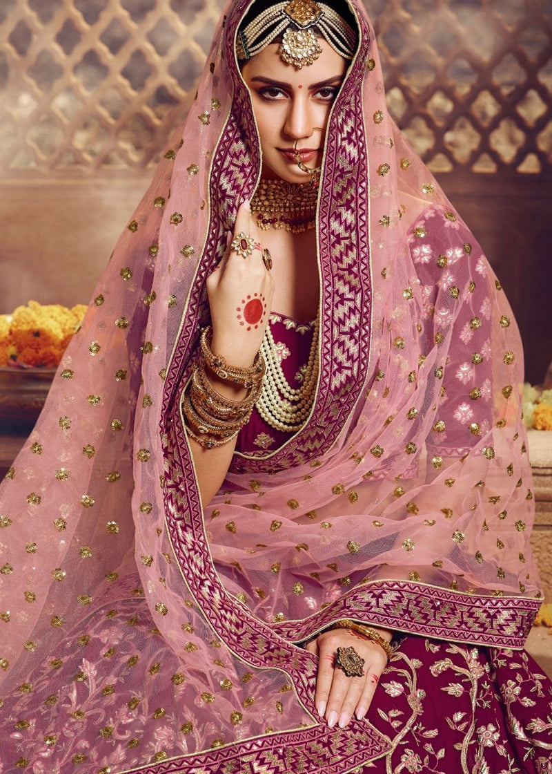 Energetic Purple Bridal Wear Embroidered Velvet Lehenga Chol